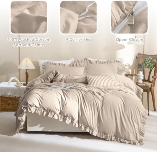 3Pcs Washed Cotton Ruffle Duvet Cover King Size,Beige Khaki Linen Like Shabby Farmhouse Vintage Boho Chic Comforter Cover French Country Rustic Ruffled Bedding Set Soft Breathable Quilt Cover Set