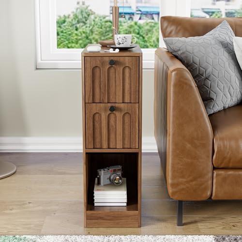 Narrow Walnut Nightstand Set of 2, Small Bedside Table, Wood Nightstand with Arched Drawer, Side End Table, Mid Century Modern Night Stand, Bedroom, Small Spaces, Slim