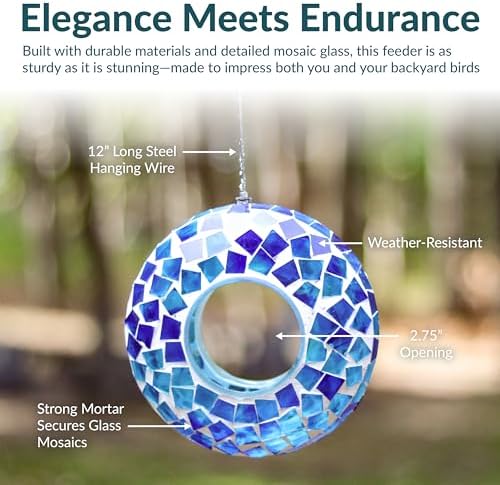 Sunnydaze Mosaic Glass Bird Feeder for Outdoors, Blue Mosaic