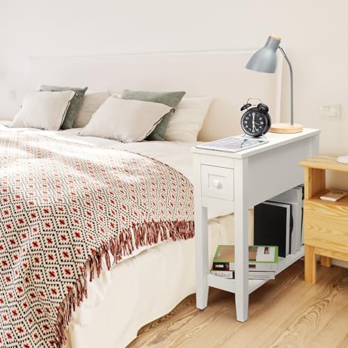 Narrow Side Table for Small Spaces, White Table with Drawer, Slim Bed Table/Night Stand Set of 2, Couch Table
