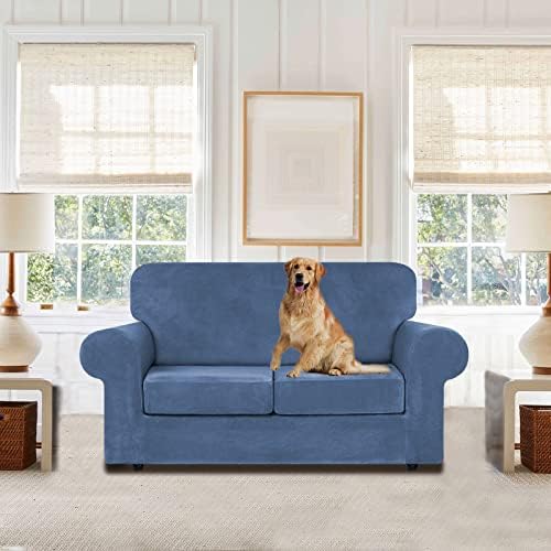 WEERRW Velvet Stretch 3 Pieces Couch Cover for Sofa Washable, Light Blue