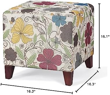Joveco 16.3" Square Cube Ottoman Footrest, Modern Floral Linen Fabric Foot Stool with Solid Wood Legs, Decorative Upholstered Shoe Bench for Living Room, Bedroom & Entryway - Colorful Printing