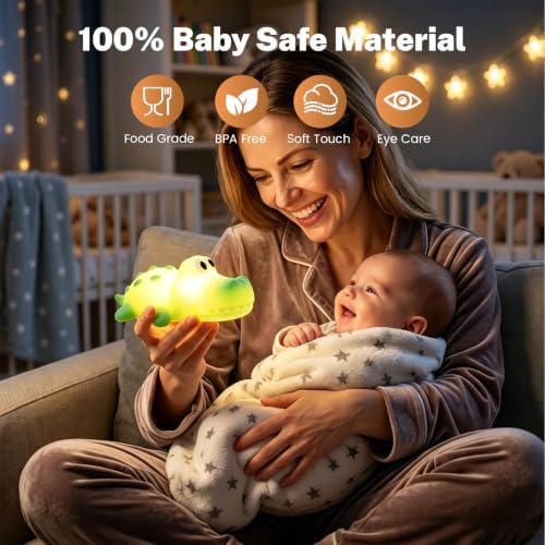 AVEKI Crocodile Night Light for Kids, Silicone Touch Bedside Lamp (Green)