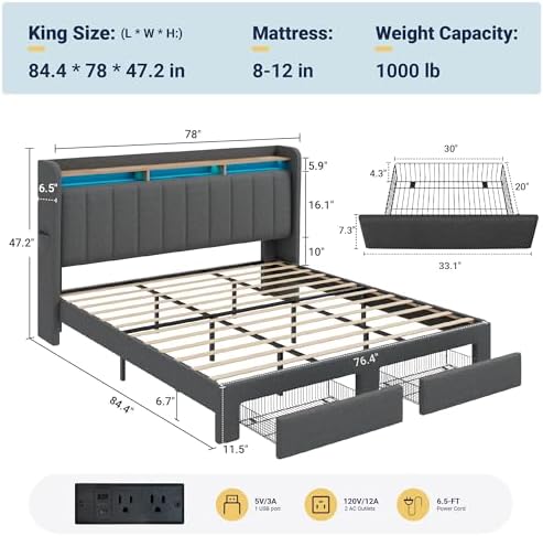 Allewie King Size Bed Frame with 2-Tier Storage Headboard & 2 Large Drawers