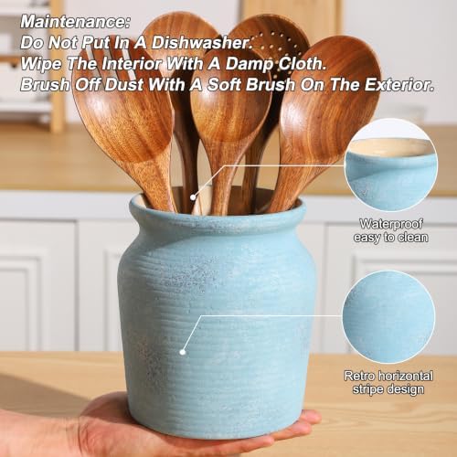 Ceramic Farmhouse Kitchen Utensil Holder for Countertop, Rustic Cooking Utensil Holder Crock Fit for Kitchen Counter. Blue Series.