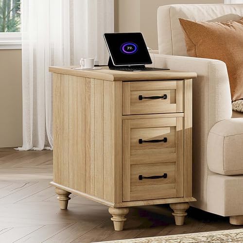 WAMPAT Farmhouse End Table with Charging Station, Narrow Side Table, Oak