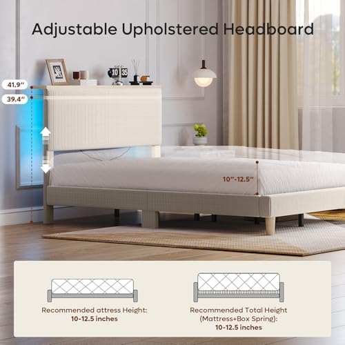 Bestier King Bed Frame with Storage Headboard & LED, Upholstered, Beige