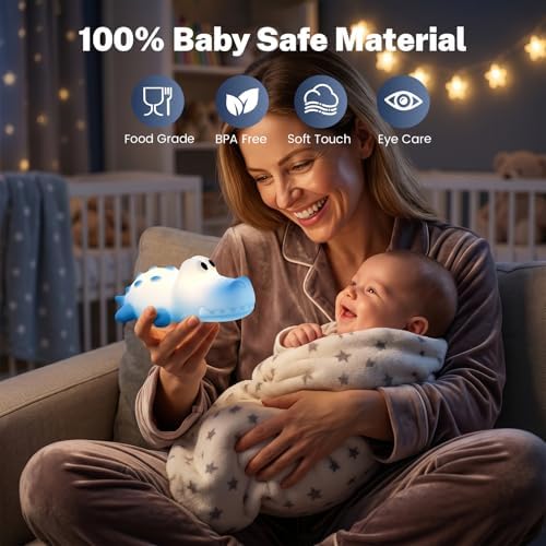 AVEKI Crocodile Night Light for Kids, Silicone Touch Bedside Lamp (Blue)
