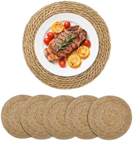 Set of 6 Round Woven Placemats, 13 Inch Rattan Chargers for Dinner Plates, Wicker Placemats, Boho Farmhouse Rustic Braided Jute Table Mats for Kitchen Dining Party Decor