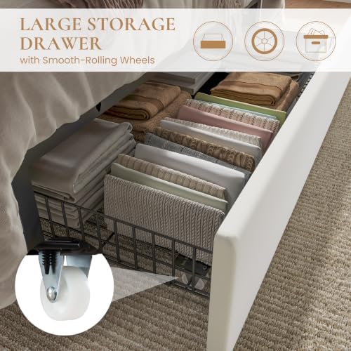 SHA CERLIN Full Size Bed Frame with Storage Drawer & LED Lights, White