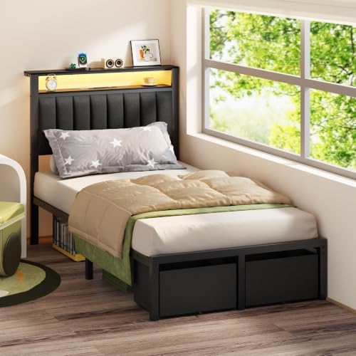Furnulem Twin Bed Frames with Storage Drawers and Upholstered Headboard