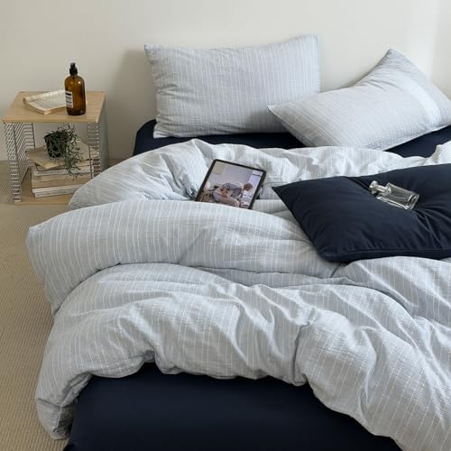 Cottagecore Light Blue Striped Duvet Cover Queen Textured Bedding Set 3Pcs