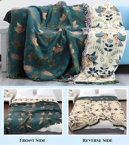 Boho Throw Blanket for Bed 100% Cotton Bohemian Blankets Ultra Soft Woven Muslin Decorative Blankets All Seasons Vintage Quilt Knitted Blanket for Sofa Chair(Blue, 90"x98")