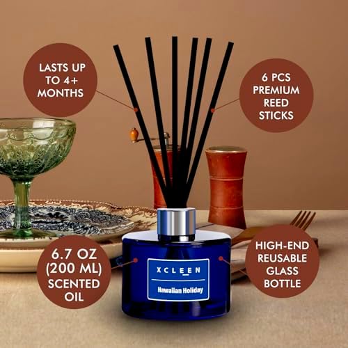 Xcleen Reed Diffuser Set, 6.7 Oz Hawaiian Holiday Scented Reed Diffuser, Home Fragrance Oil Diffuser with Sticks, Great Air Fresheners for Bathroom (Pack of 2)