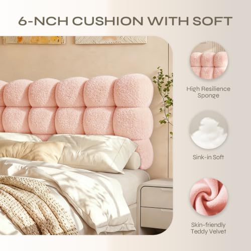 Pinmoco Full Cloud-Shaped Upholstered Headboard, Teddy Fleece Pink