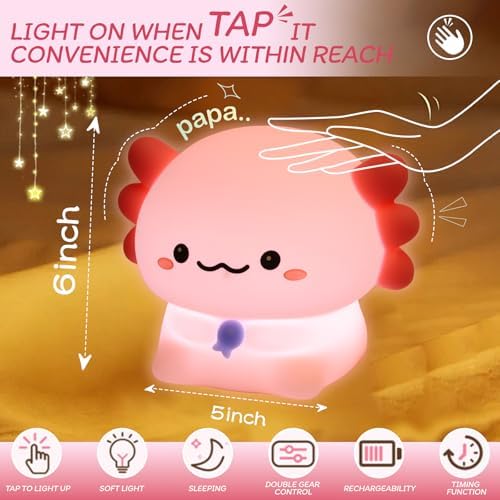 Axolotl Night Light for Kids - 3-Level Dimmer & Auto-Off Timer, Child-Safe Silicone Lamp, USB-C Rechargeable Nursery Light for Bedroom Breastfeeding (Squishy Animal)
