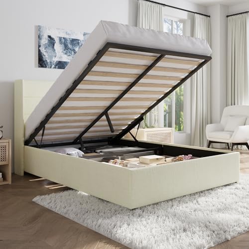 SHA CERLIN Full Size Chenille Lift Up Hydraulic Storage Bed Frame Cream