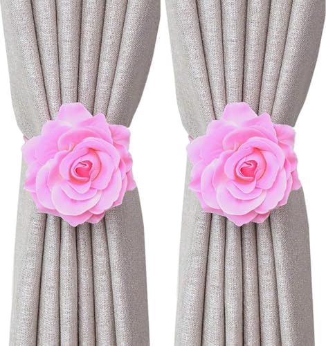 Curtain Tiebacks， Rose Magnetic Curtain Holders，Elegant 2 Pack Decorative Rope Holdback Holder, Home Decor Thin or Sheer Window Drapries Bed Canopy (Pink)