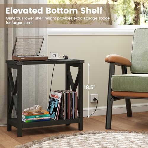 Hadulcet Farmhouse Side Table with Charging Station - Narrow Bedside Table for Small Space, Slim End Table, Rustic X-Design Nightstand for Living Room, Bedroom, Classic Black