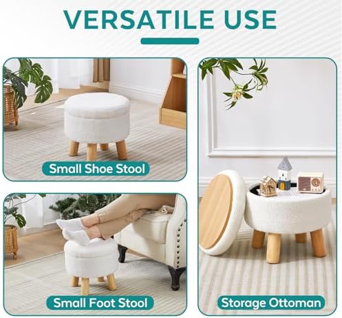 Small Ottoman with Storage, Small Storage Ottoman Round, Sherpa Foot Stool with Legs, Ottomans and Footstools for Living Room and Entryway (White)