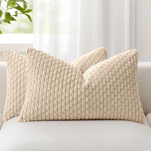 Kevin Textile Soft Corduroy 12"x20" Lumbar Pillow Covers 2 Pack, Beige