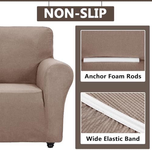 2 Piece Stretch Chair and Ottoman Cover Set, Jacquard Accent Armchair and Foot Stool Slip Cover, Non-Slip Slipcover for Chair with Footrest (Khaki,2 Pieces Set)