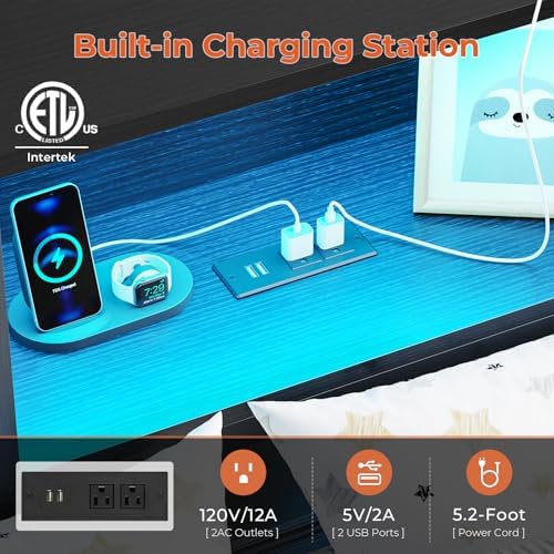 DICTAC Full Corner Bed Frame with Storage Bookcase and Led Lights Metal Platform Corner Bed Frame with 2 Drawers and Charging Station Modern Full Size Daybed with Storage for Kids/Teen/Adult,Black