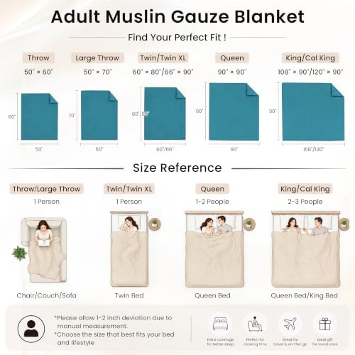 Love's cabin 100% Cotton Muslin Blanket Twin XL Size for Bed, Teal
