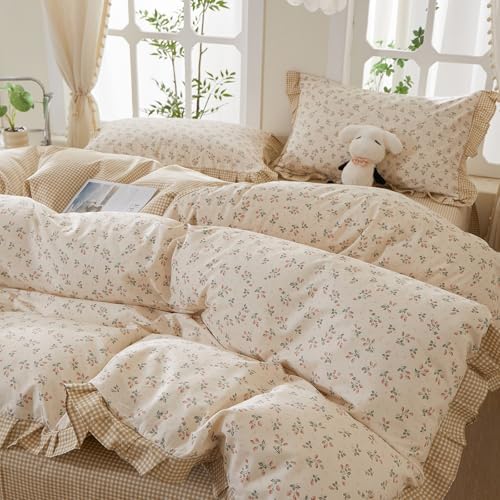 Ruffle Floral Duvet Cover Set Twin XL, 100% Cotton Cute Strawberry Bedding Set with Ruffle Lace, Aesthetic Floral Strawberry Duvet Cover Reversible Tan Gingham Comforter Cover Cottagecore Bedding