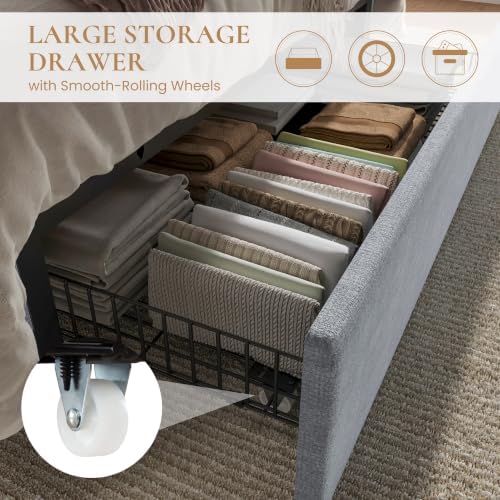 SHA CERLIN Queen Size Bed Frame with Storage Drawer & LED Lights, Grey