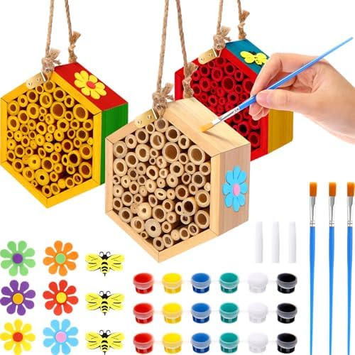 Leinuosen 3 Pcs Mason Bee House with DIY Painting Kits, Felt Bee Flower