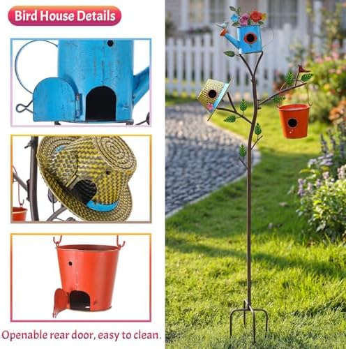 3-in-1 Metal Bird Houses for Outside with Pole, Colorful Birdhouse on Stake