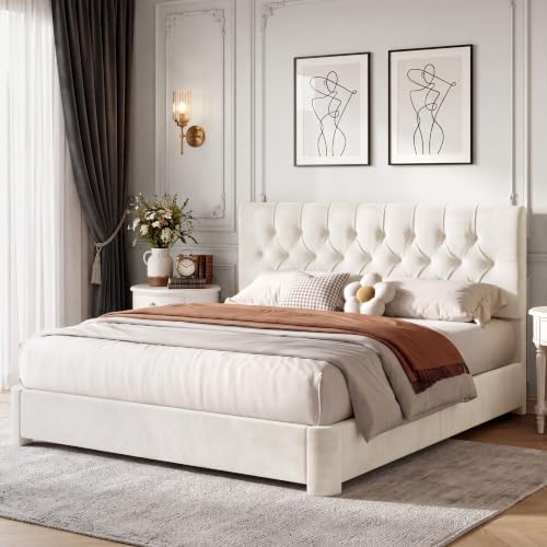 Queen Size Bed Frame with Headboard, Luxury Velvet Fabric Upholstered Bed frame with Button Tufted Design, Strong Wooden Slats Support - Low & Sturdy, Noise-Free, No Box Spring, Easy Assembly, Cream
