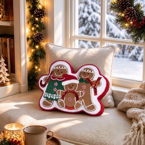 AELS Gingerbread Joy Family Throw Pillow, 16" Gingerbread Man Pillow, Christmas Gingerbread Man Decorative Plush Pillow for Holiday Decor, Living Room Bedroom Sofa Decoration