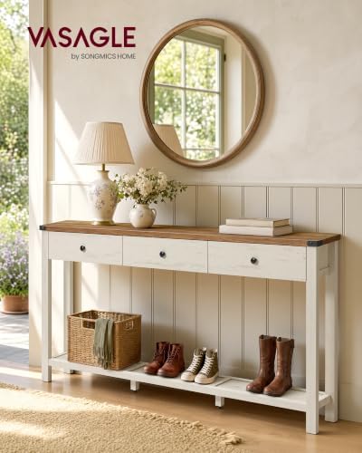 VASAGLE 63 Inche Narrow Console Table with 3 Drawers and Open Storage Shelf