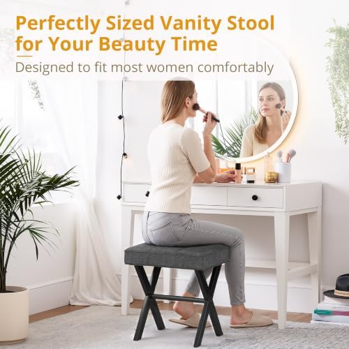 LUE BONA Vanity Stool, Square Linen Makeup Stool with Metal X Legs, Small Ottoman Stool Chair for Vanity, Modern Padded Vanity Seat Foot Rest Stool for Makeup Room, Living Room, Bathroom, Carbon Gray