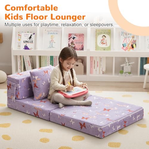 MeMoreCool Kids Floor Mattress, 8in Glow Butterfly Trifold Sofa Bed, Purple