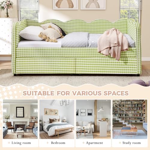 Twin Size Daybed with Storage Drawers, Linen Gingham Daybed with USB Ports & Wave Shaped, Upholstered Day Bed Frame, Modern Sofa Bed for Living Room/Bedroom/Guest Room, No Box Spring Needed, Green