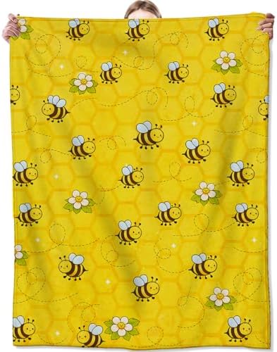 Cute Bee Floral Flannel Blanket, Soft Cozy Throw with Playful Animal, Lightweight Blankets for All Seasons, Cartoon Flower Home Sofa Bed Decor and Gifts for Kids Girls Boys, 40x50 Inch