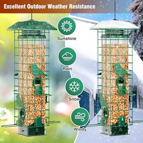 Squirrel Proof Bird Feeder, Metal Bird Feeders for Outdoors Hanging, Weight Activated, 3Lb Capacity, 4 Ports, All-Weather Tube Bird Feeder for Outside, Cardinal Finch Bluebird Wild Bird Feeder