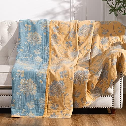 jinchan 100% Cotton Muslin Blanket Queen Boho Bed Blanket 80x90 Yellow/Blue
