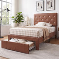 VECELO Twin Size Bed Frame with Storage Drawers, Leather Upholstered with Diamond Tufted Headboard, Solid Wood Slat Support, No Box Spring Needed, PU & Brown