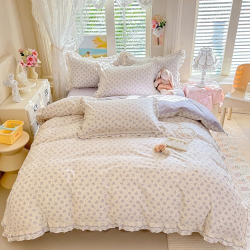 HighBuy Ruffle Lace Cotton Duvet Cover King with Purple Floral Print,Reversible Princess Breathable Cottagecore Bedding Set for Women Girls,1 Duvet Cover and 2 Ruffle Pillowcases
