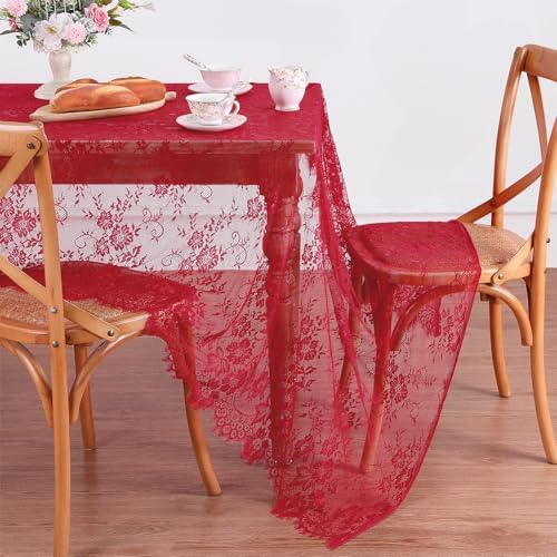 Red Lace Tablecloth 60x120 Inch Rectangular Embroidered Floral Table Cover