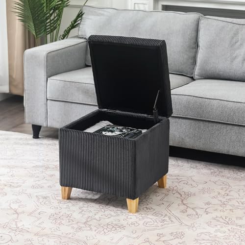 Adeco Faux Fur Storage Ottoman Cube, 18" High Fluffy Grey Foot Stool with Hinged Lid, Upholstered Small Bench for Living Room Bedroom, Solid Wood Legs