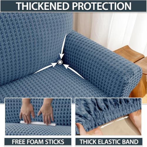 ZNSAYOTX 1 Piece Stretch Loveseat Cover (55"-71") New-Houndstooth Texture, Thick Sofa Covers for 2 Cushion Couch Universal Sofa Slip Cover with Elastic Bottom & Buckle, Soft Protector Dark Grey