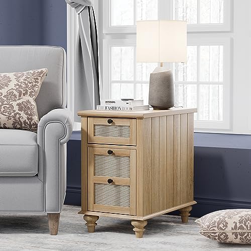 WAMPAT Set of 2 Rattan End Tables with Charging Station, Tall Side Tables Nightstand with Drawer & Storage Cabinet, Light Wood Bedside Table for Bedroom & Living Room, Burlywood