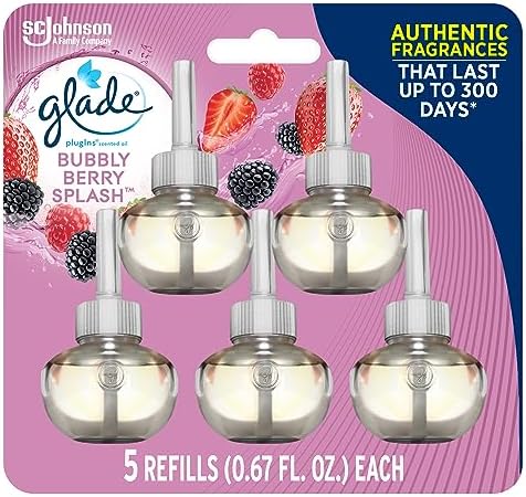 Glade PlugIns Refills Air Freshener, Scented and Essential Oils for Home and Bathroom, Bubbly Berry Splash, 3.35 Fl Oz, 5 Count