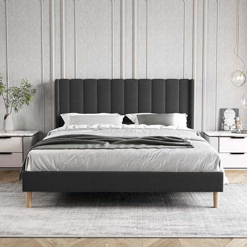 Queen Size Bed Frame with Linen Upholstered Headboard, Black