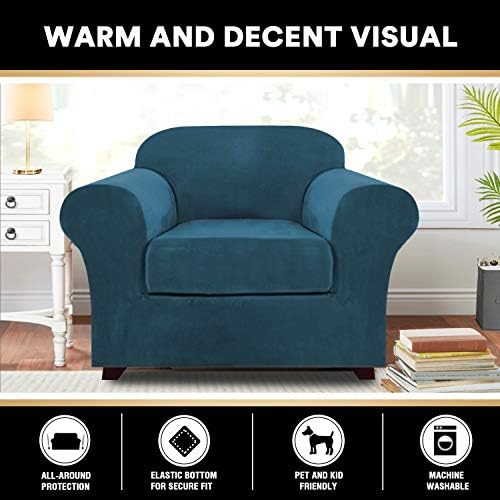 PrinceDeco Velvet Plush Couch Cover Stretch 2 Piece Chair Cover Chair Slipcover Washable Furniture Protector Couch Soft with Elastic Bottom Armchair Cover Width Up to 49 Inch(Small, Deep Teal)